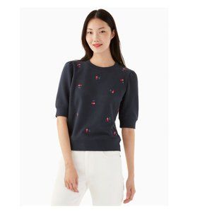 kate spade embroidered cherry pullover sweater top blue size medium nwot